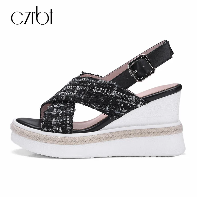 

CZRBT Women Shoes 2018 Summer Sandals Platform Shoes Wedges Heels Casual Sandals Genuine Leather Ladies Gingham Buckle Shoes