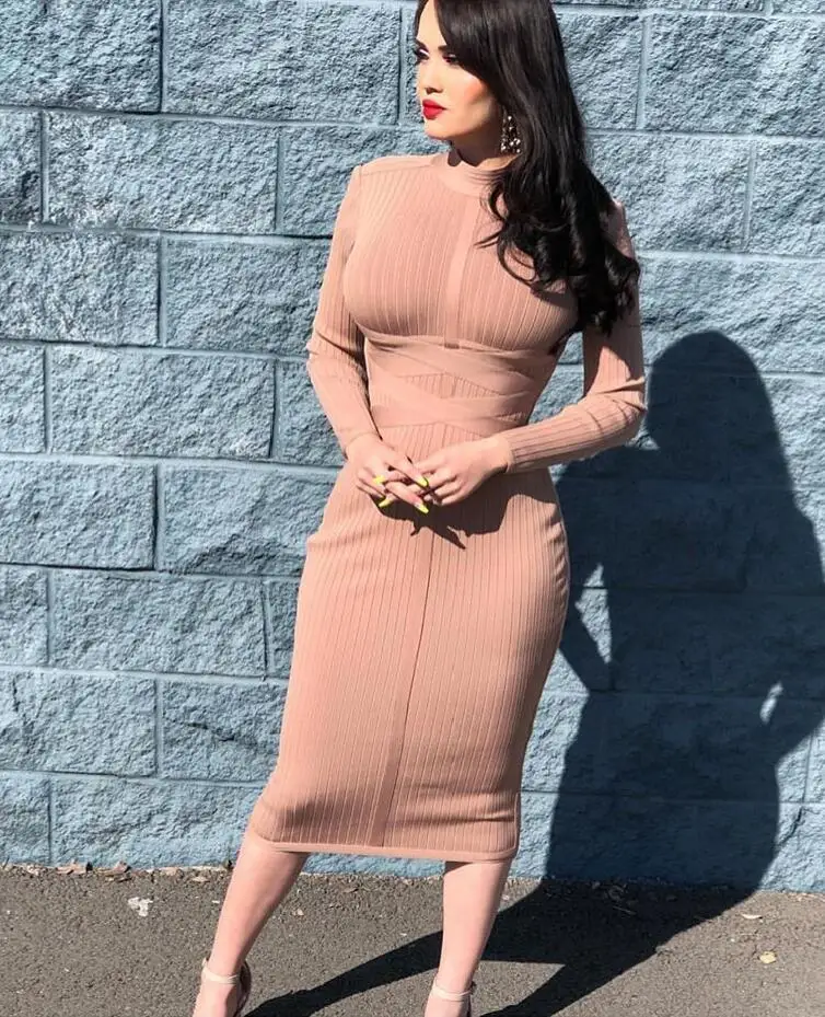

Newest Sexy Trutelneck Long Sleeve Beige Bandage Dress 2019 Celebrity Designer Fashion Party Dress Vestido
