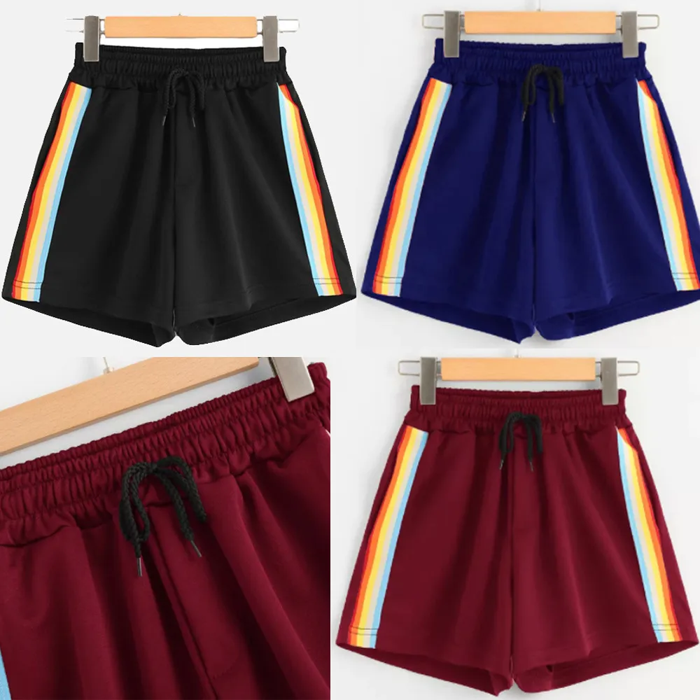 

Women's Loose Rainbow Shorts Striped Mid Waist Loose Shorts Drawstring Waist Ringer Shorts