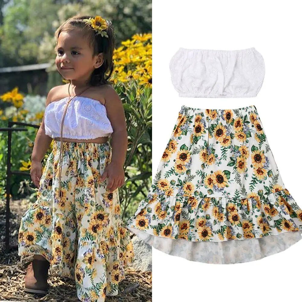 

Imcute Newest Fashion Toddler Baby Girls White Off-shoulder Short Crop Tops Sunflower Ruffles Long Skirts Outfits Clothes Summer