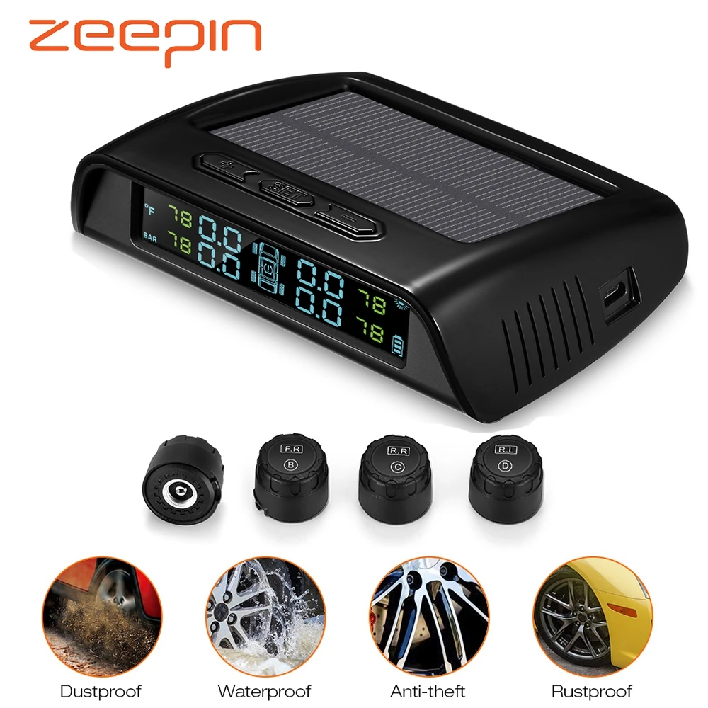 

Solar Power TPMS Car Tire Pressure Monitoring System USB Charging Real-time Tyre Alarm Warning LCD Screen with 4 External Sensor