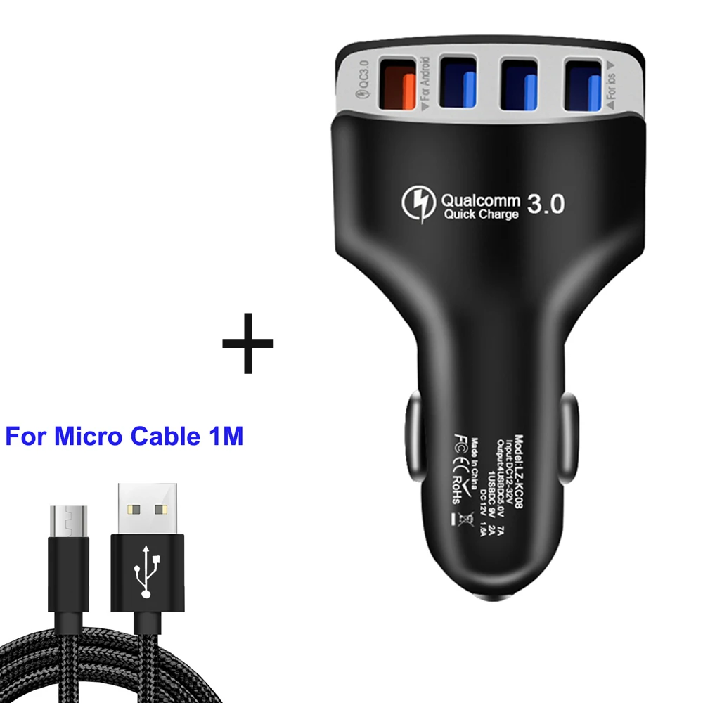 QC3.0 автомобильное зарядное устройство Quick Charge 3,0 быстрое зарядное устройство 4 порта автомобильное USB зарядное устройство адаптер универсальная Быстрая зарядка для iPhone samsung Xiaomi - Тип штекера: Add micro cable