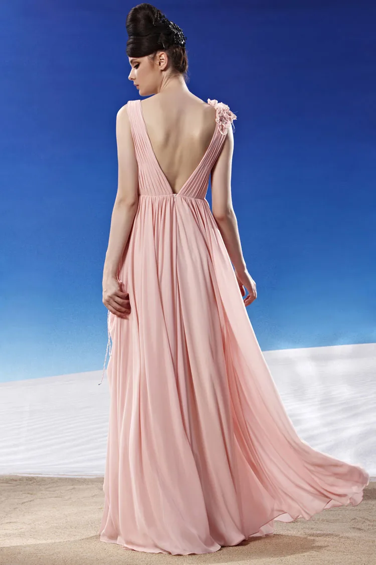 CONIEFOX V ОБРАЗНЫМ ВЫРЕЗОМ РОЗОВЫЙ ДЛИННЕЕ ШИФОНОВОЕ ТАНЦЫ ПЛАТЬЯ 81189|pink long dress|pink dress