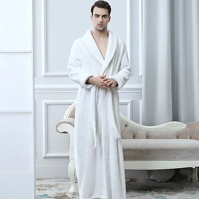 Men Women Winter Extra Long Thicken Grid Flannel Warm Bath Robe Luxury Soft Thermal Bathrobe Mens Dressing Gown Male Sexy Robes - Цвет: Beige Men