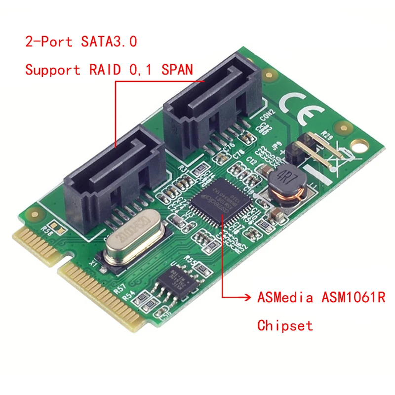 Мини-pci-express 2,0 ASM1061R Чипсет SATA 6 Гбит/с RAID-контроллер карты 2-порт SATA 3,0 Поддержка RAID0 RAID1 пролет