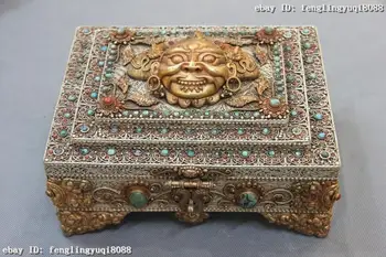 

Old Silver & Copper Gold Gilt inlay Turquoise Coral Gem Garuda Case Jewelry Box