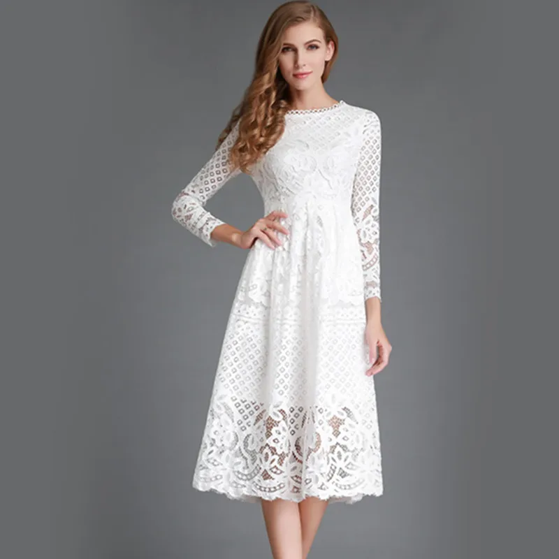 Plus-Size White Lace Graduation Dress with Sleeves