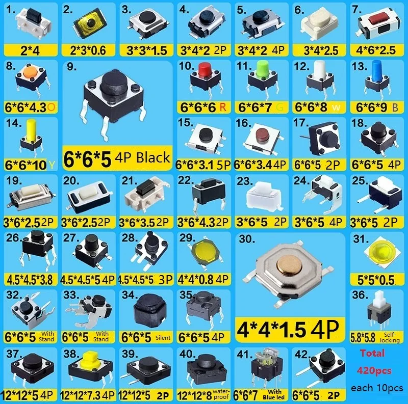 

420pcs Assorted Micro Push Button Touch Switch Kit 2x4 3x6 4x4 12x12 6x6 SMD MP3 MP4 MP5 Tablet PC Repair special SMT 3x6x3.5