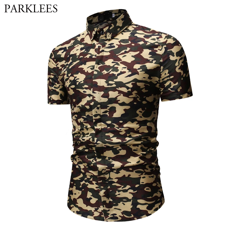 Camouflage Camo Print Short Sleeve Shirt Men 2018 Fashion Army Green