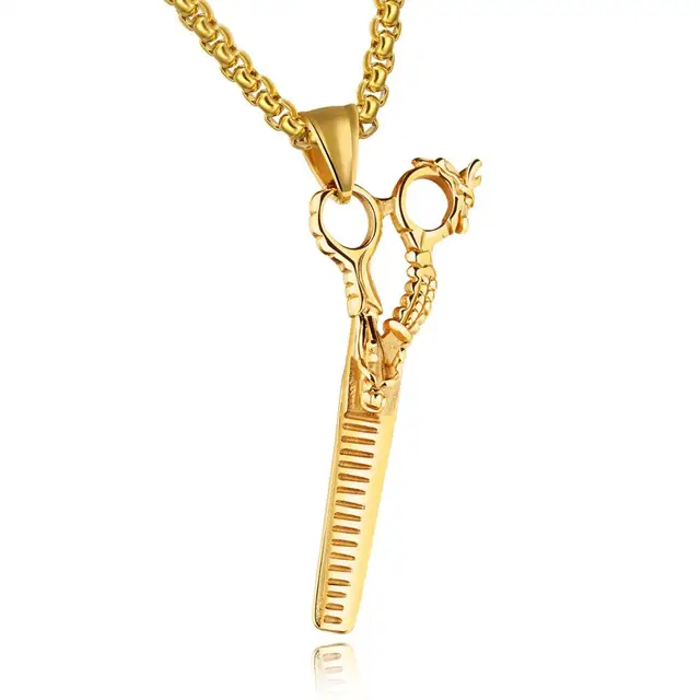 Trendy Barbers Scissors Neckalce Men Steel Black Gold Color Stainless