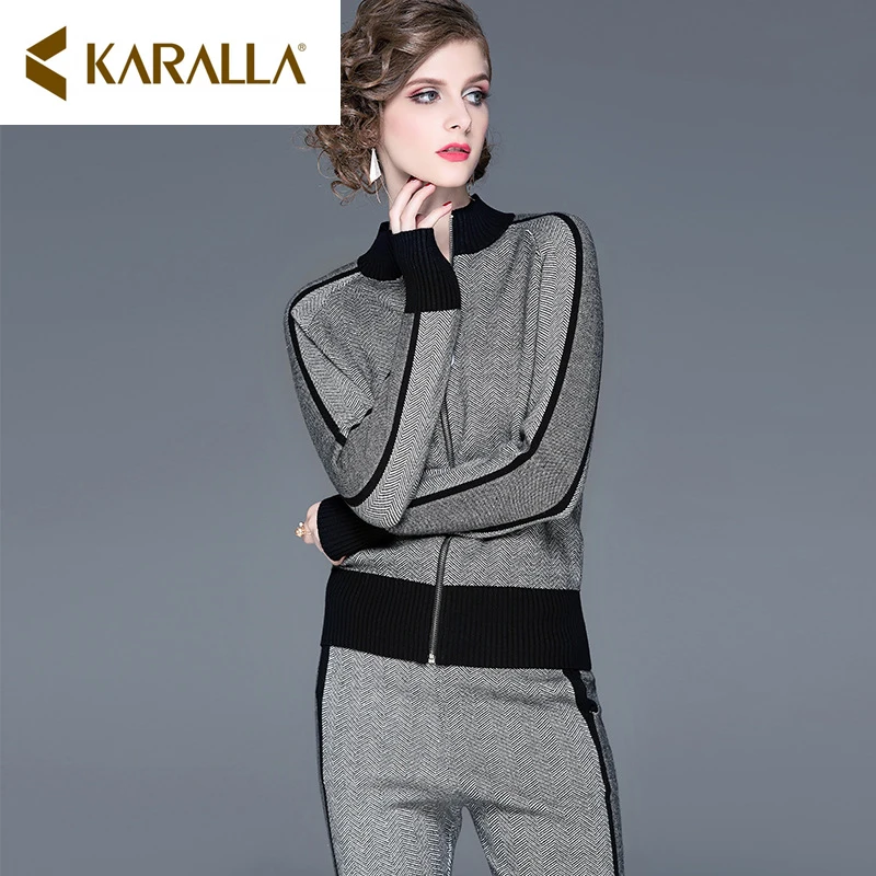

Tracksuits Hot Sale 2019 Autumn New Style Knitted Suit For Women Casual Color Contrast Thin Knit Sweater + Pants Two Sets Of