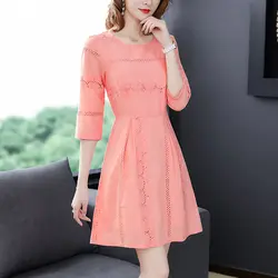 2019 Новая женская одежда летняя мода o-образным вырезом три четверти рукава платье сплошной цвет шифон винтажные платья женские