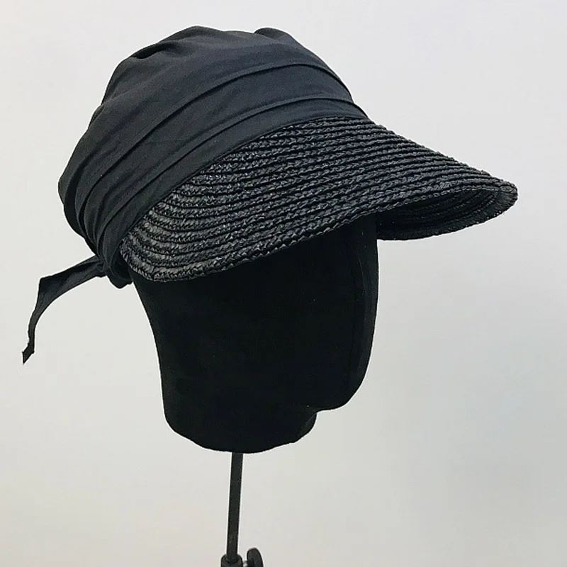 Новая женская шляпа от солнца, тканая соломенная шляпа с козырьком, Лоскутная дышащая тюрбан из хлопка, бейсболка, Стильная летняя кепка, Повседневная Уличная пляжная кепка - Цвет: Черный