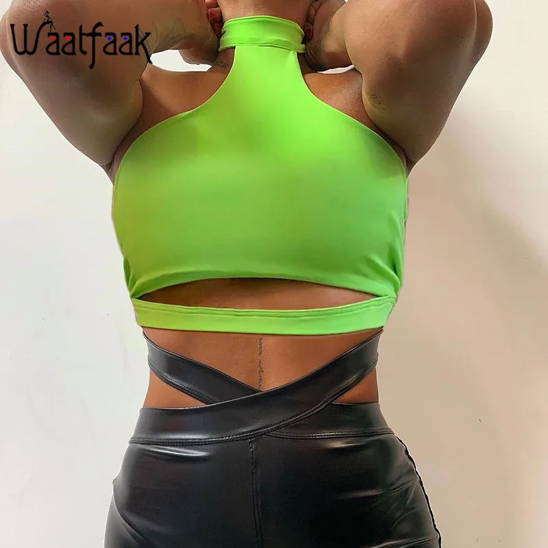 

Waatfaak Summer Streetwear Neon Green Halter Tank Top Women Hollow Out Camisole Crop Top Sexy Backless Bodycon Cropped Tops 2019