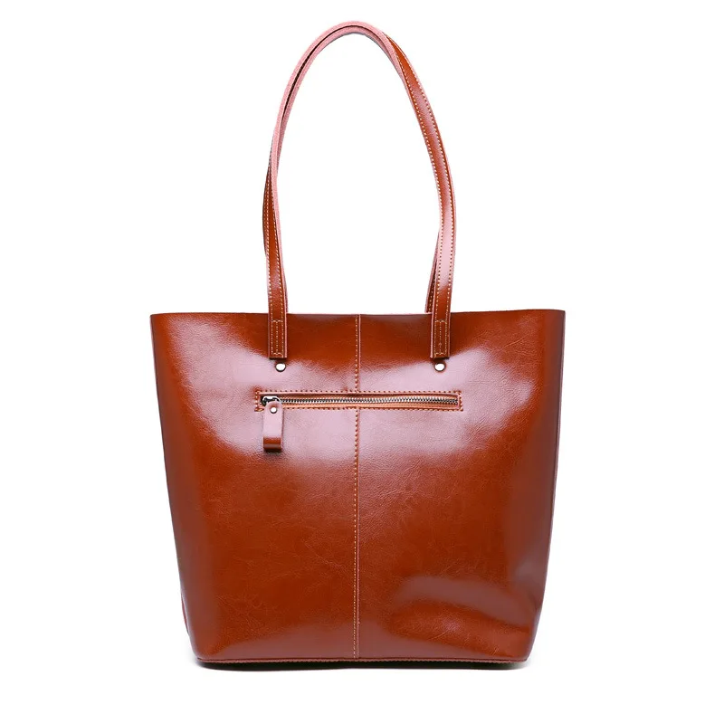 Fashionable luxury oil wax cowhide large capacity bucket design tote bag exquisite sewing line decoration women leather handbags