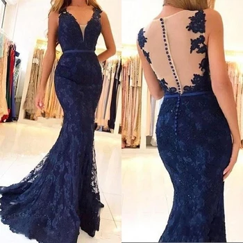 

Ruby Bridal 2019 Vestidos De Fiesta Long Mermaid Evening Dresses Navy Lace Appliques bead Prom dresses Vestido Longo Festa P1928