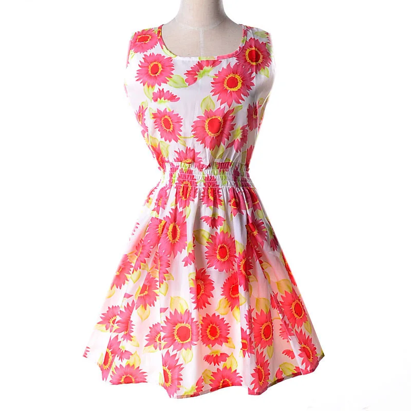 INDJXND летнее платье дамы печати повседневное женский стиль модные офисные женская одежда Дешевые богемный пляжное платье без рукавов - Color: 11  pink sunflower
