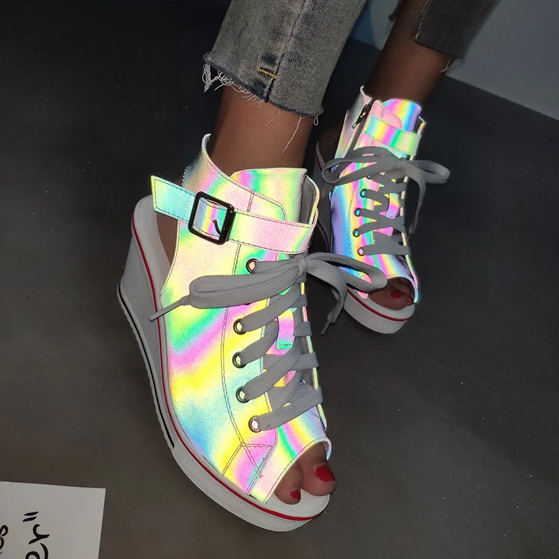 

2019 summer new style simple and simple color wedge sandals women comfortable trend reflective fish mouth casual shoes