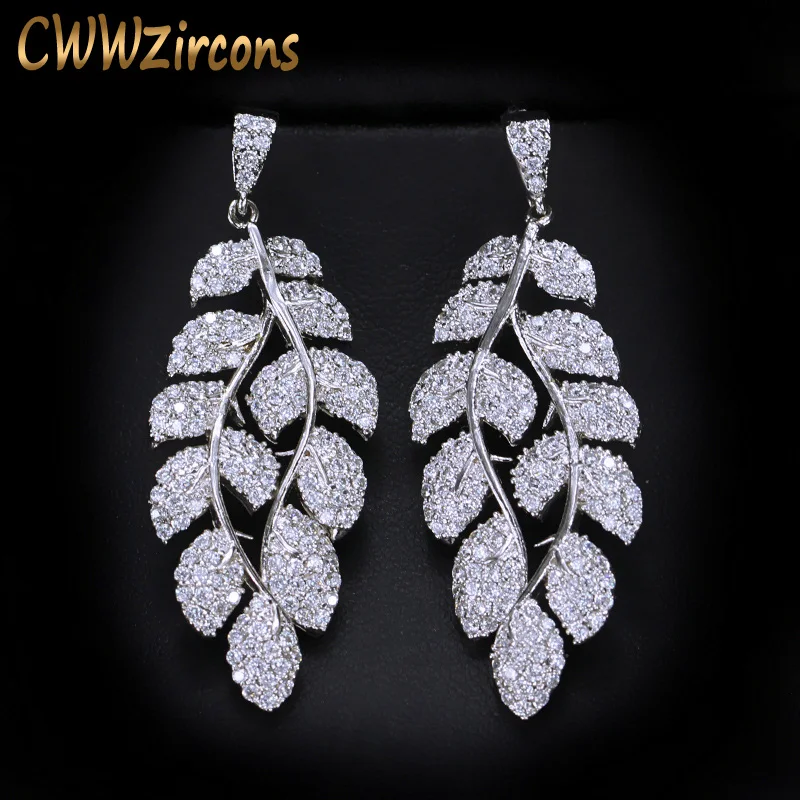 

CWWZircons Brand Top Quality Miro Pave CZ Cubic Zirconia Stones Leaf Shape Long Dangle Drop Earring For Women CZ218