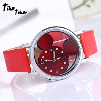 

TIke Toker,Feminino Luxo 2018 Ladies Watch With Crystals Clocks Women Luxury Quartz With Leather Mickey Mouse Kad N Saatleri New