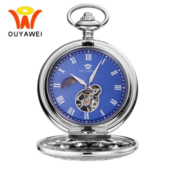 

Ouyawei Vintage Blue Automatic Mechanical Moon Phase Pocket Watches With Chain Skeleton Dial Men Clock Necklace Pocket Fob Watch