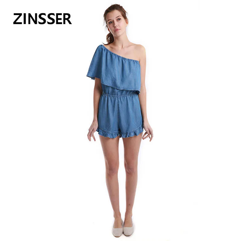 

Autumn Winter Women Denim Fancy Short Jumpsuit Casual Slant Shoulder Flouncing 100% Tencel Washed Blue Female Lady Short