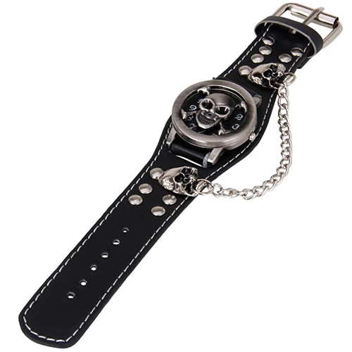  Men Black Punk Rock Chain Skull Faux Leather Bracelet Cuff Gothic Wrist Watch 