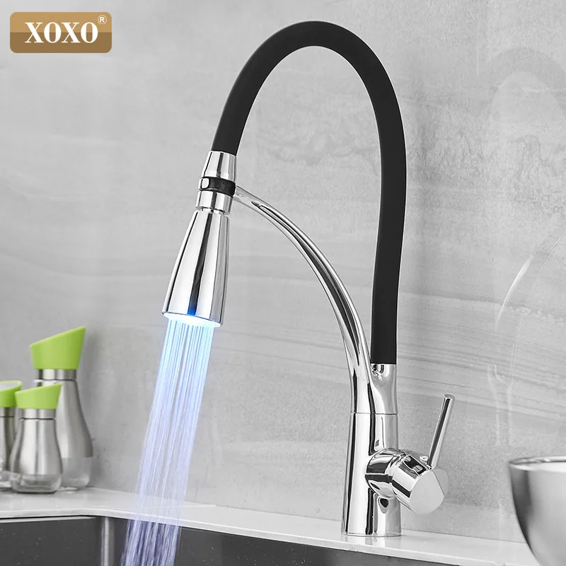  XOXO LED Kitchen Faucet Hot and Cold Pull Down Chrome Black Mixer Tap Single Handle Torneira Cozinh - 32968439441