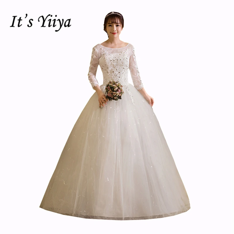 

Free Shipping 2017 Plus size O-neck Lace Full Sleeves Lace Bling wedding Dresses Bride Ball Gowns Vestidos De Novia HS257