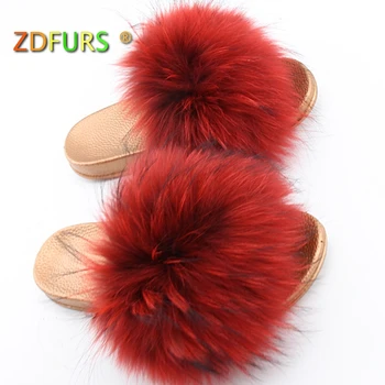 

ZDFURS* 2018 Natural Raccoon Fur Slippers Women Fashion Fur Slides Spring Autumn Winter Indoor Flip Flops Flat Shoes Sandals