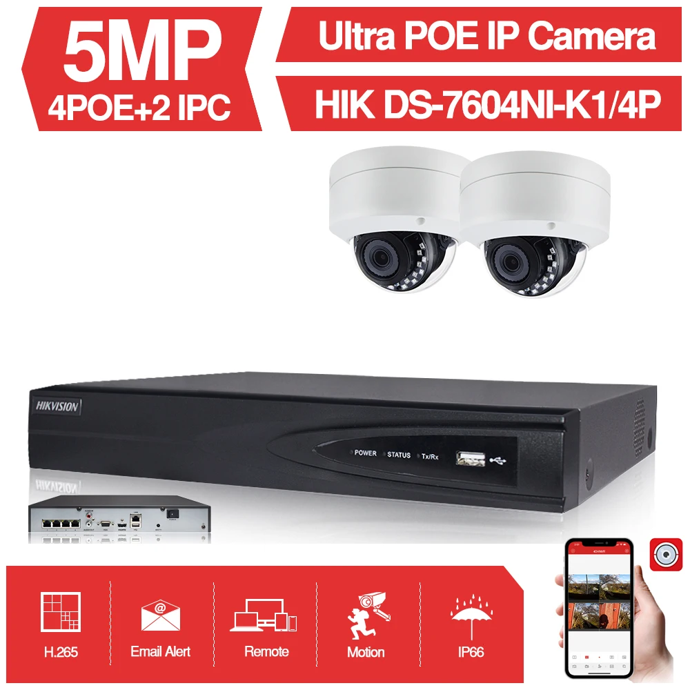 4CH CCTV система 2 шт. ультра 5MP безопасности POE купольная IP камера с Hikvision 4 POE NVR DS-7604NI-K1/4 P DIY комплекты видеонаблюдения