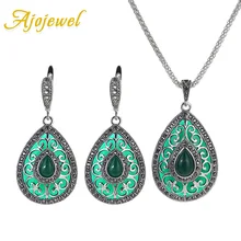 Ajojewel resina piedra gota de agua negro rojo verde mujeres joyería conjunto pendientes collar plateado damas conjuntos de accesorios del vestido