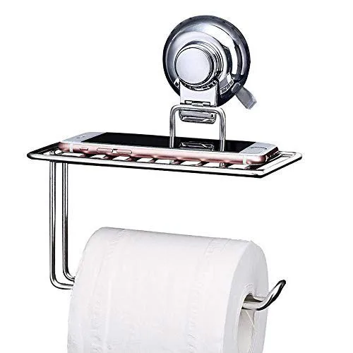 

Super Vacuum Suction Cup Toilet Paper Holders with Mobile Phone Storage Shelf Tissue Roll Hanger for Kitchen & Bathroom