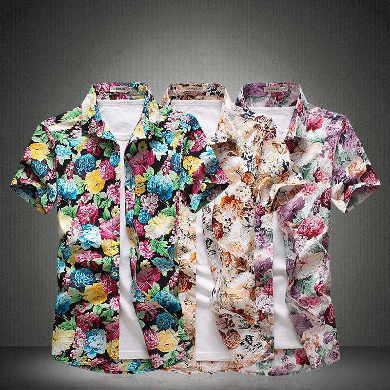 

7 Styles High Quality 2018 Slim Fit Summer Mens Short Sleeve Casual Shirt Flower Print Floral Male Blouse