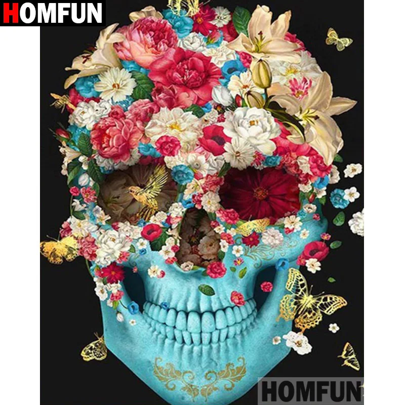 HOMFUN Rhinestone Painting Crystal Decor Diy Diamond &quotFlower skull&quot 3D Cross Stitch Pattern Embroidery A19025 | Дом и сад