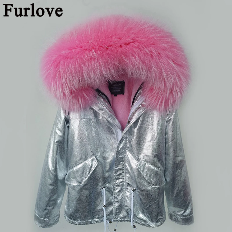 Женские куртки с мехом енота Furlove зимние серебристого цвета воротником из