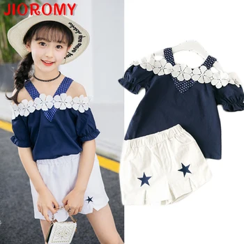 

Sweet summer the new leisure fashion pure color off-the-shoulder T-shirt + pentagram shorts word flower girls dress
