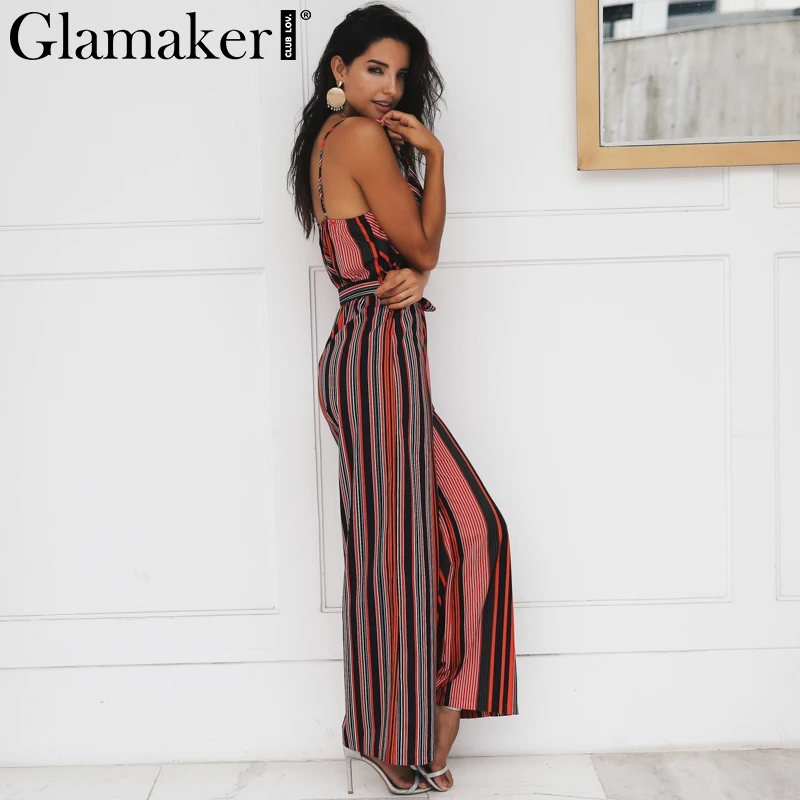 Glamaker Sexy multi striped wrap high waist jumpsuit romper Women loose belt long summer playsuit Female strap overalls|jumpsuits rompers