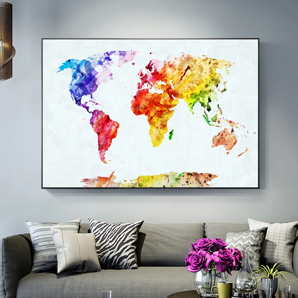 

Watercolor World Map Posters And Prints For Baby Room Abstract Wall Graffiti Map Art Canvas Pictures For Living Room Decoration