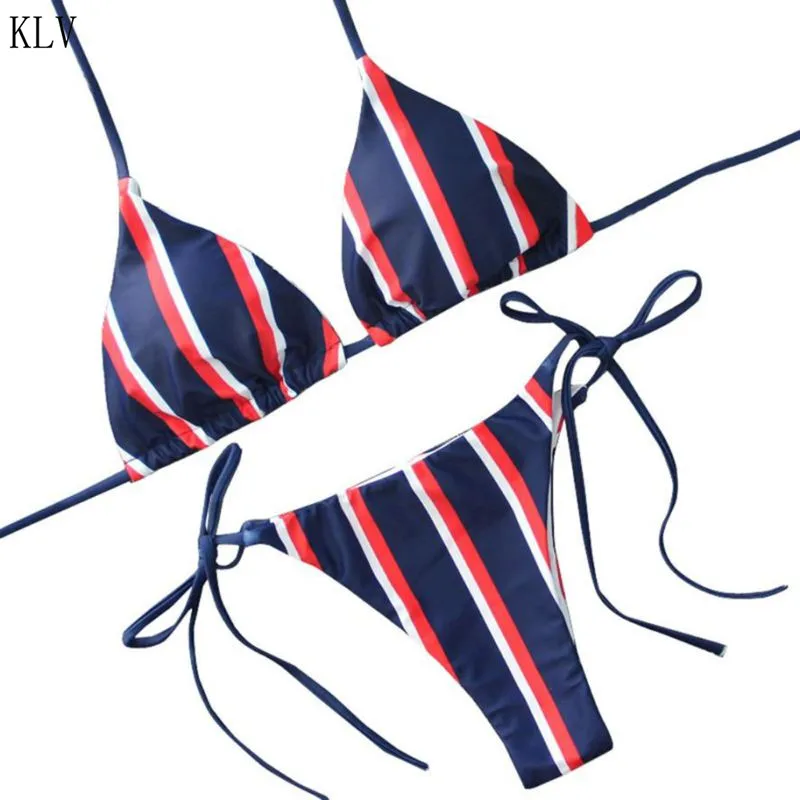

Womens Sexy Bikini Set Halter Deep V-Neck Triangle Bra Side Lace Up Thong Swimsuit Contrast Colored Stripes Printing Beachwear