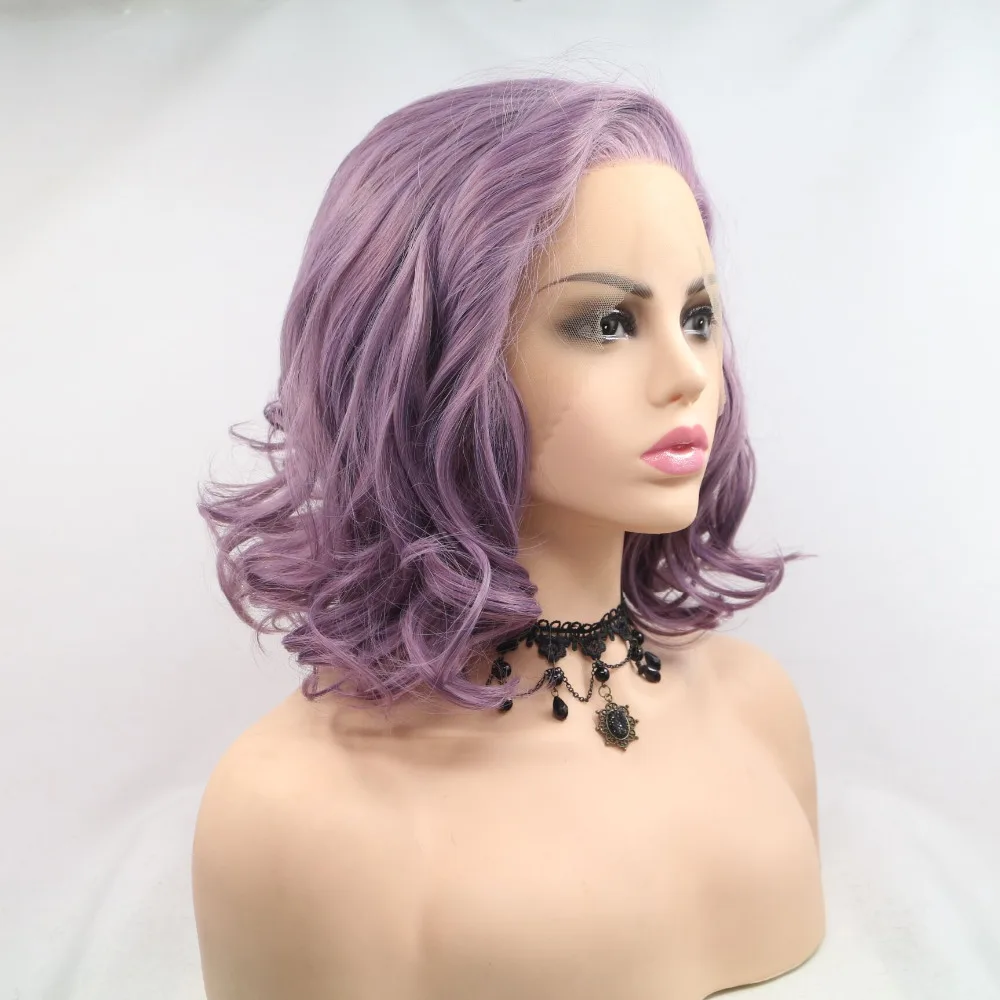 

Fantasy Beauty Purple Short Bob Lavender Wavy Synthetic Lace Front Wig Heat Resistant Fiber Replacement Synthetic Bob Wigs