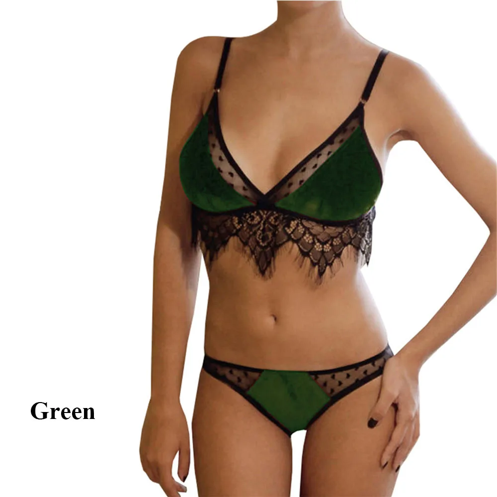 Сексуальный женский бюстгальтер с глубоким v-образным вырезом, комплект нижнего белья из вельвета и кружева, комплект нижнего белья размера плюс - Цвет: green