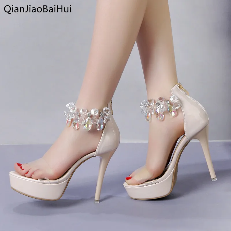 

QianJiaoBaiHui High-quality Rhinestone Crystal Sandals Super High Heel Women Sexy Clear Band Platform Sandals Ladies Party Shoes