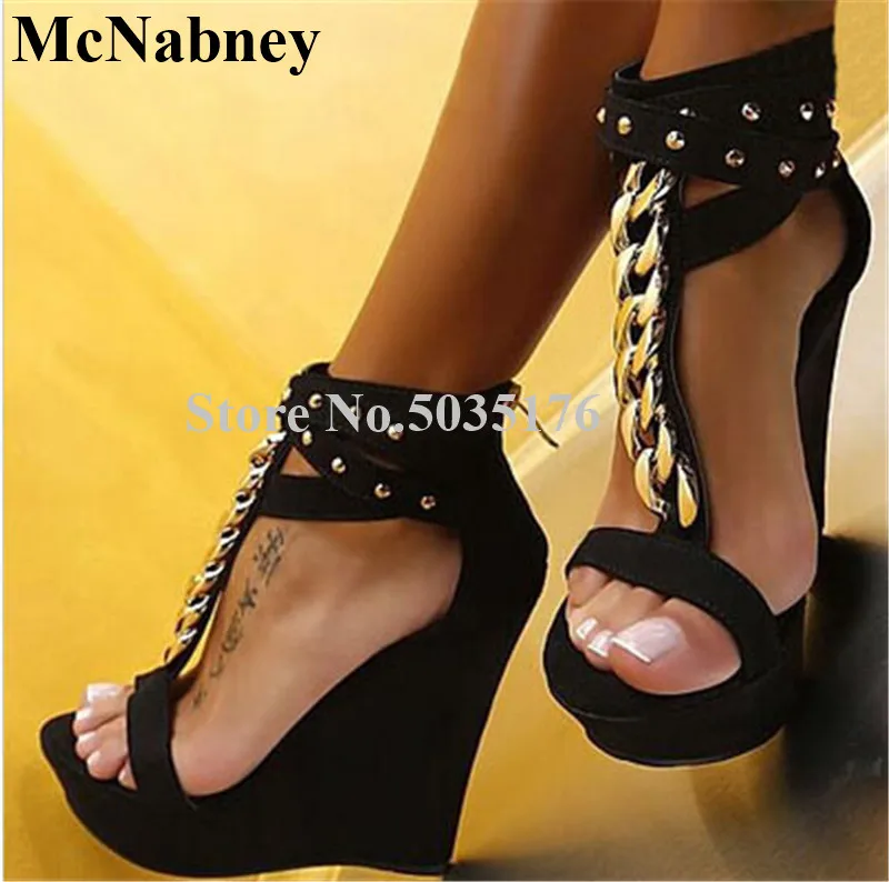 

2019 European Fashion Solid T-tied Metal Chain Ankle Strap Peep Toe Platform Sandals Zip High Wedges Heel Sandals Women Shoes