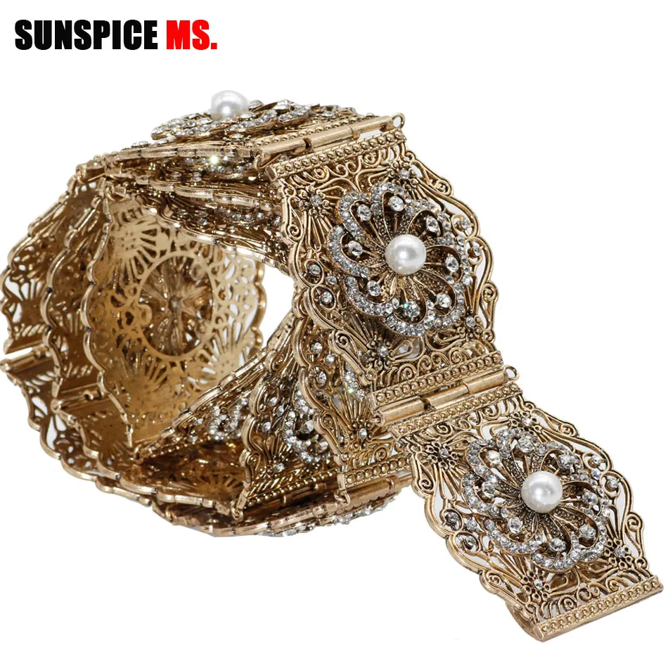 US $26.00 SunspiceMs Antique Gold Metal Women Belt Chain With Rhinestones And Artificial Pearl Adjust Length Caftan Waist Belt For Dress