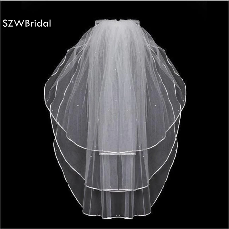 

3 Layers Wedding Veil 1.5 meter Short Ivory White Bridal Veils Cheap Veu De Noiva Curto add Pearls Wedding Accessories