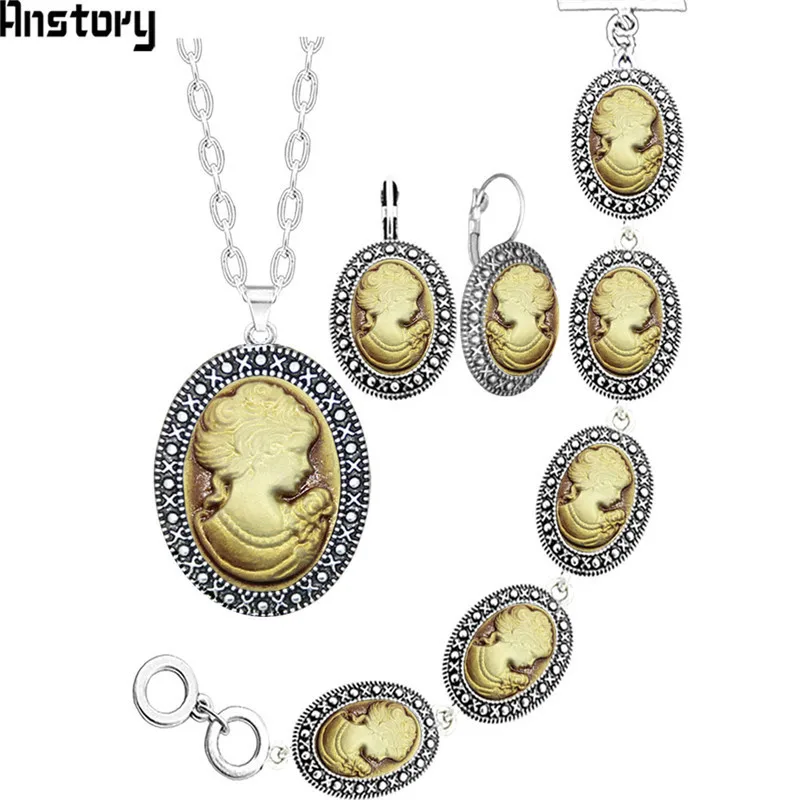 Oval Lady Queen Cameo Jewelry Set Antique Silver Plated Necklace Earrings Bracelet Fashion Jewelry TS419 - Окраска металла: Brown