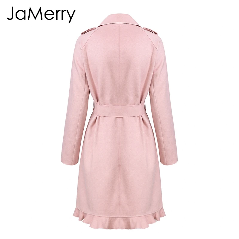 JaMerry Elegant ruffled wide lapel belt women coat Long pink trim wool coat 2018 Autumn winter fashion chic button trench coat