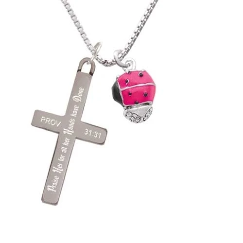 Hot Pink Ladybug Spinner - Praise Her - Cross Necklace (1)
