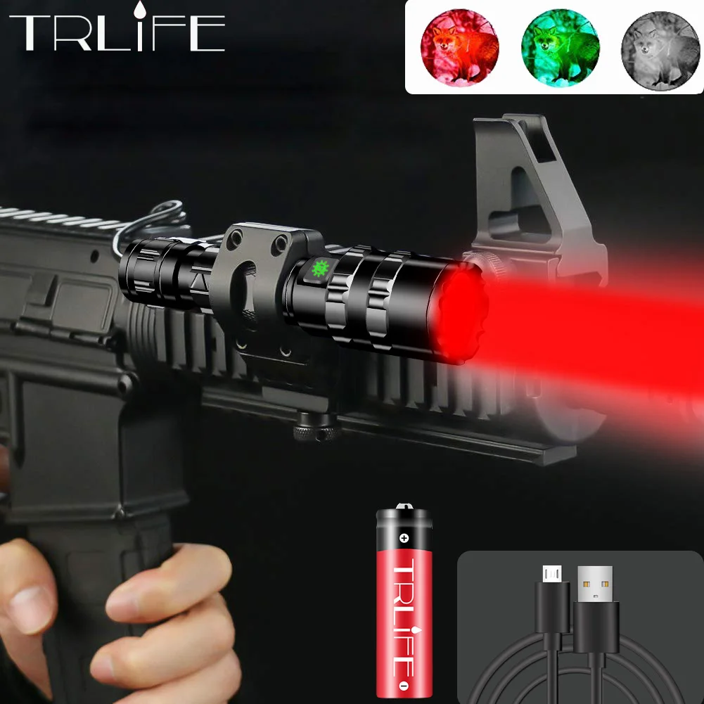 

Green/Red/White LED Tactical Flashlight 60000Lus 5modes USB Charging Torch for Hunting+Gun Mount+18650 Battery+Remote Switch+Box